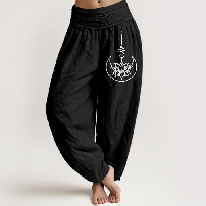 Buddha Stones Pure Cotton Sacred Lotus Moon Pattern Women's Elastic Waist Harem Pants - Black - US16，UK/AU20，EU48 (3XL) - image 5