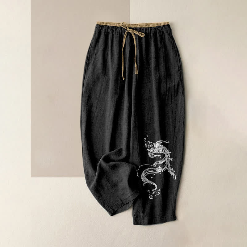 Buddha Stones Pure Cotton White Koi Fish Pattern Women's Elastic Waist Pants With Pockets - Black - US16，UK/AU20，EU48 (3XL) - image 4