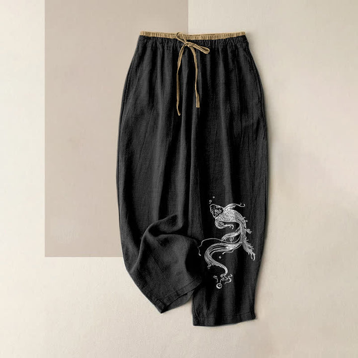 Buddha Stones Pure Cotton White Koi Fish Pattern Women's Elastic Waist Pants With Pockets - Black - US16，UK/AU20，EU48 (3XL) - image 4