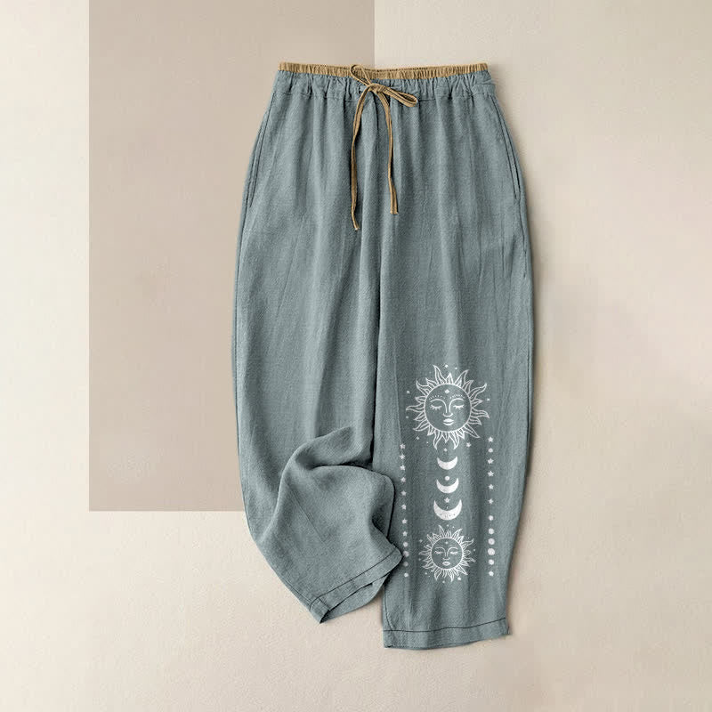 Buddha Stones Pure Cotton Mystic Sun Face Pattern Women's Elastic Waist Pants With Pockets - CadetBlue - US16，UK/AU20，EU48 (3XL) - image 5
