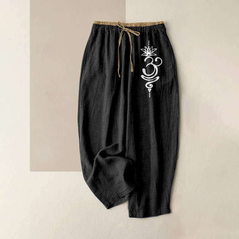 Buddha Stones Pure Cotton Spiritual Om Lotus Pattern Women's Elastic Waist Pants With Pockets - Black - US16，UK/AU20，EU48 (3XL) - image 0