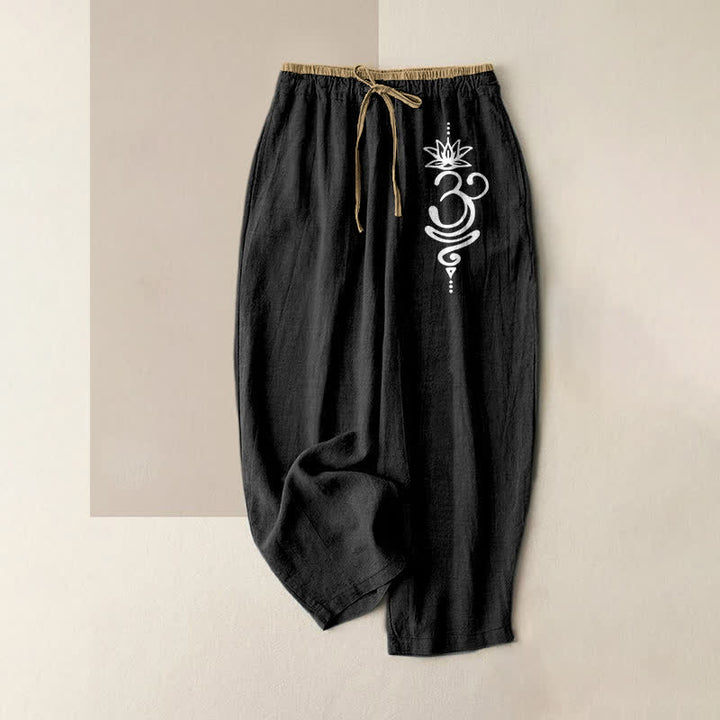 Buddha Stones Pure Cotton Spiritual Om Lotus Pattern Women's Elastic Waist Pants With Pockets - Black - US16，UK/AU20，EU48 (3XL) - image 0