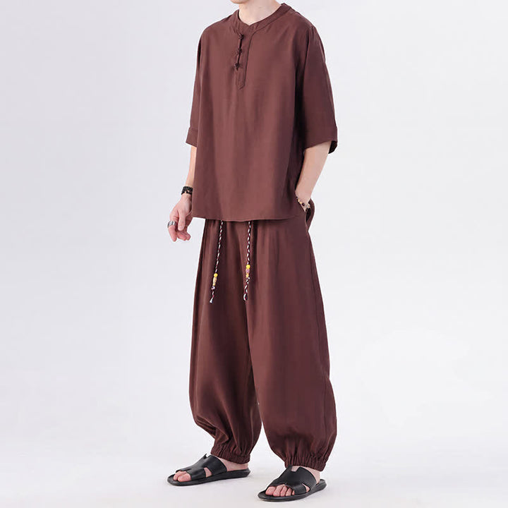 Buddha Stones Spring Summer Tang Style Frog Button Solid Elbow-Length Sleeve Shirt Pants Men's Meditation Cloth With Pocket - image 38