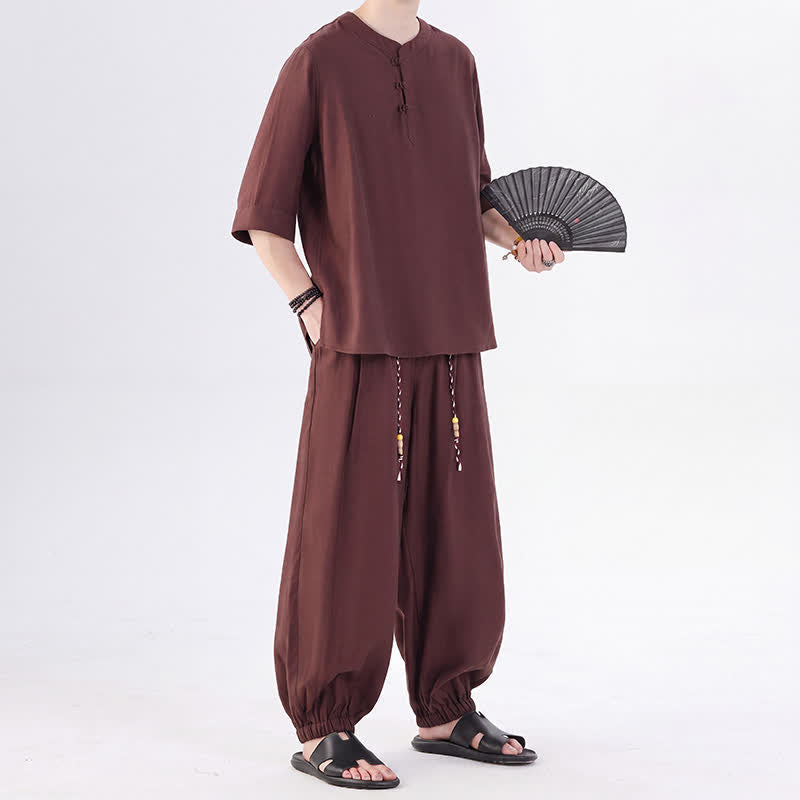 Buddha Stones Spring Summer Tang Style Frog Button Solid Elbow-Length Sleeve Shirt Pants Men's Meditation Cloth With Pocket - image 31