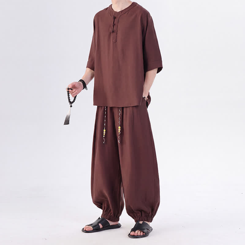 Buddha Stones Spring Summer Tang Style Frog Button Solid Elbow-Length Sleeve Shirt Pants Men's Meditation Cloth With Pocket - image 35
