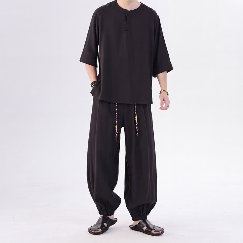 Buddha Stones Spring Summer Tang Style Frog Button Solid Elbow-Length Sleeve Shirt Pants Men's Meditation Cloth With Pocket - image 27
