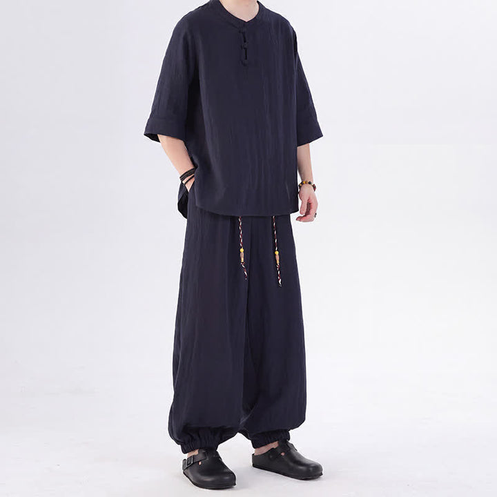 Buddha Stones Spring Summer Tang Style Frog Button Solid Elbow-Length Sleeve Shirt Pants Men's Meditation Cloth With Pocket - image 48