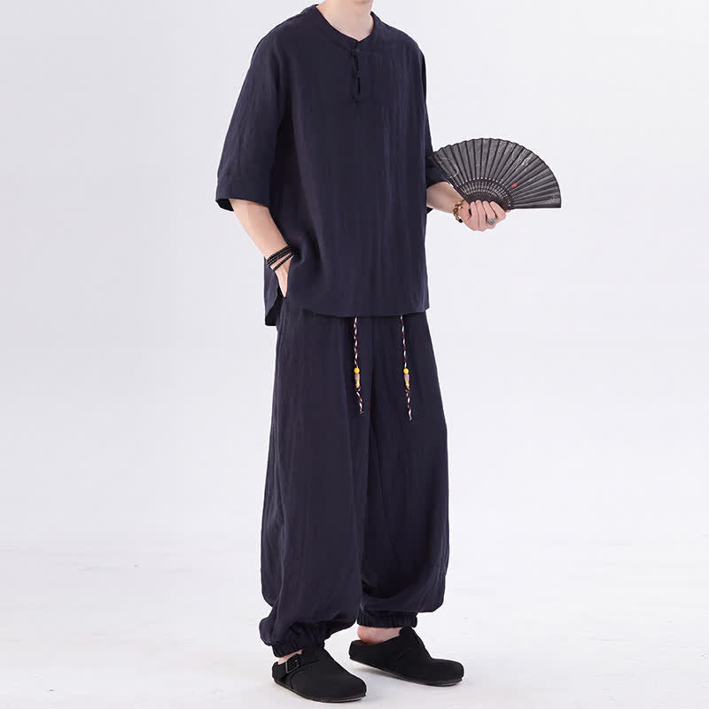 Buddha Stones Spring Summer Tang Style Frog Button Solid Elbow-Length Sleeve Shirt Pants Men's Meditation Cloth With Pocket - image 43