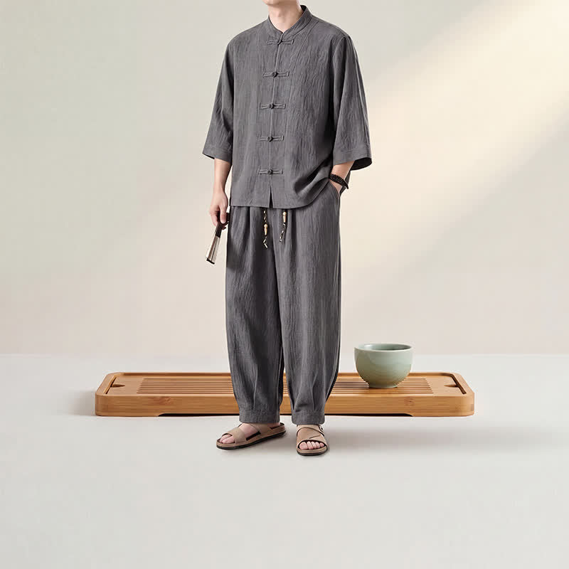 Buddha Stones Spring Summer Tang Style Meditation Frog Button Solid Three-Quarter Sleeve Shirt Pants Men's Meditation Cloth With Pocket - image 5