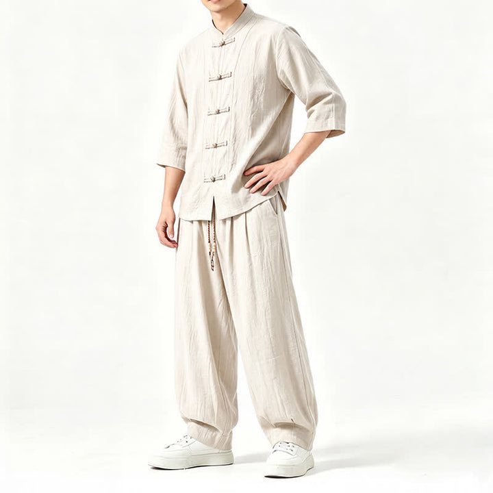 Buddha Stones Spring Summer Tang Style Meditation Frog Button Solid Three-Quarter Sleeve Shirt Pants Men's Meditation Cloth With Pocket - image 20