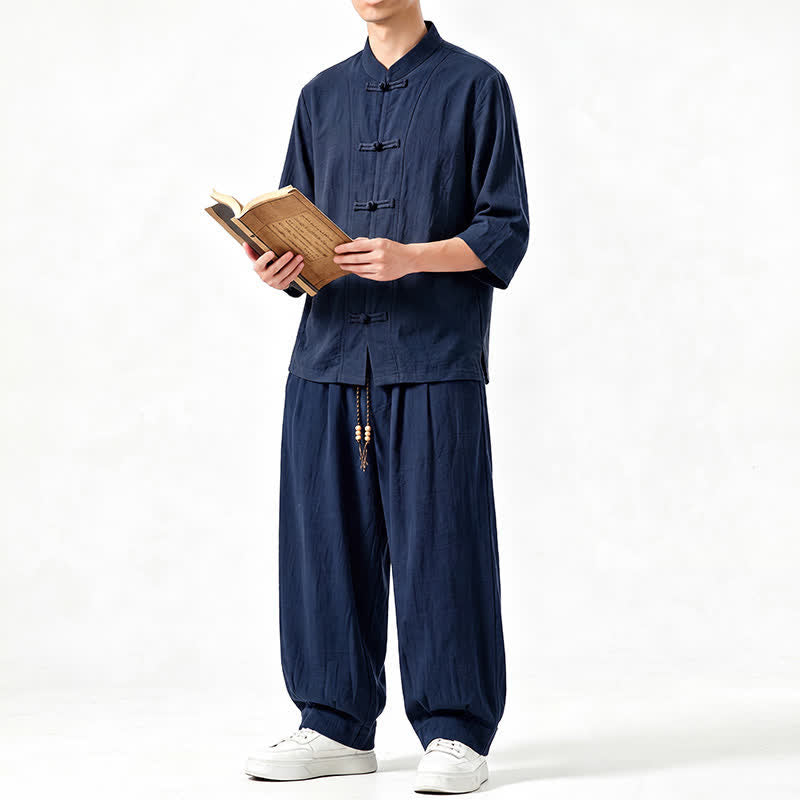 Buddha Stones Spring Summer Tang Style Meditation Frog Button Solid Three-Quarter Sleeve Shirt Pants Men's Meditation Cloth With Pocket - image 17