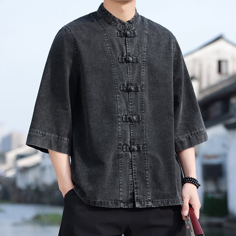 Buddha Stones Spring Vintage Tang Style Frog Button Solid Cotton Cropped Elbow-Length Sleeve Men's Jacket - image 7