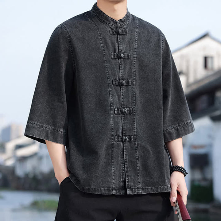 Buddha Stones Spring Vintage Tang Style Frog Button Solid Cotton Cropped Elbow-Length Sleeve Men's Jacket - image 7