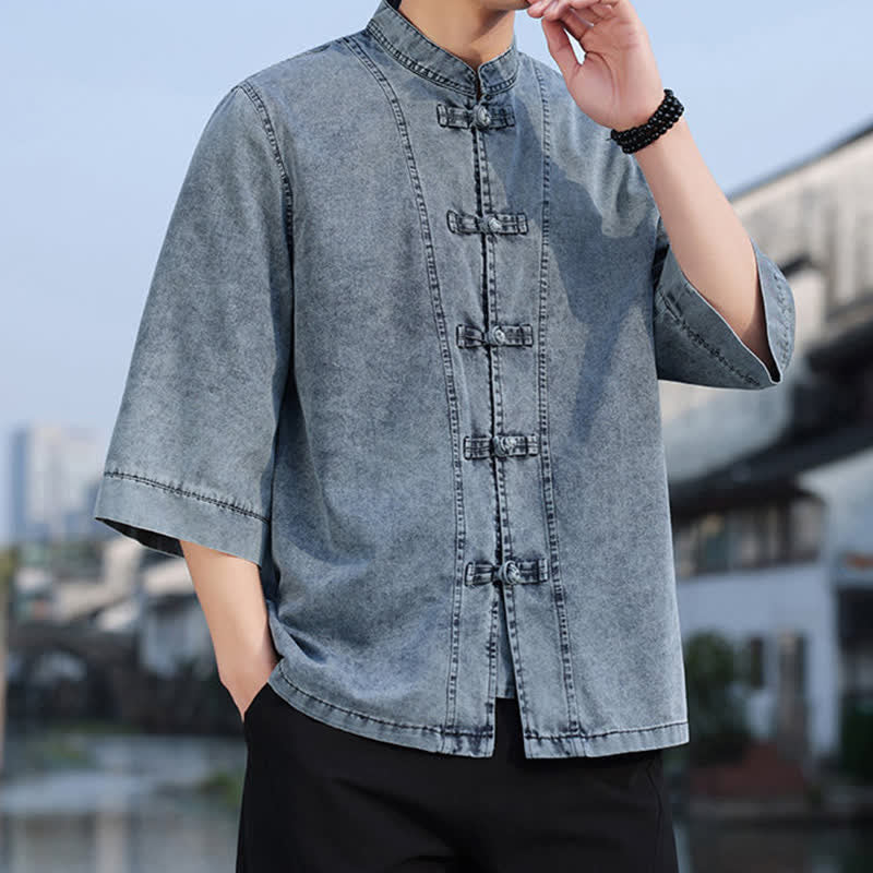 Buddha Stones Spring Vintage Tang Style Frog Button Solid Cotton Cropped Elbow-Length Sleeve Men's Jacket - image 20