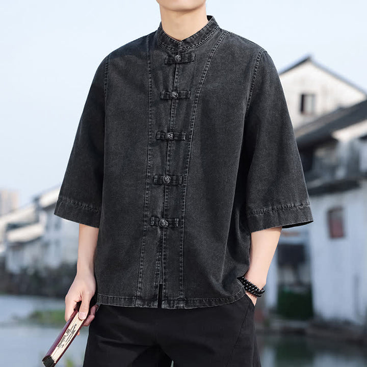 Buddha Stones Spring Vintage Tang Style Frog Button Solid Cotton Cropped Elbow-Length Sleeve Men's Jacket - image 6