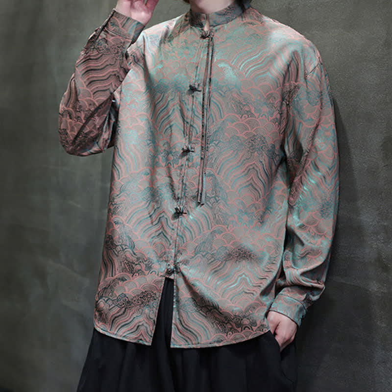Buddha Stones Fall Vintage Tang Style Mandarin Collar Abstract Waves Men's Long Sleeve Shirts - image 2