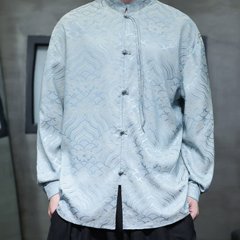 Buddha Stones Fall Vintage Tang Style Mandarin Collar Abstract Waves Men's Long Sleeve Shirts - image 34