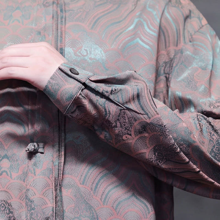 Buddha Stones Fall Vintage Tang Style Mandarin Collar Abstract Waves Men's Long Sleeve Shirts - image 14