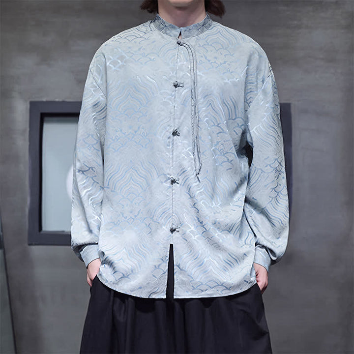 Buddha Stones Fall Vintage Tang Style Mandarin Collar Abstract Waves Men's Long Sleeve Shirts - image 31