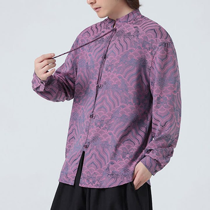 Buddha Stones Fall Vintage Tang Style Mandarin Collar Abstract Waves Men's Long Sleeve Shirts - image 18