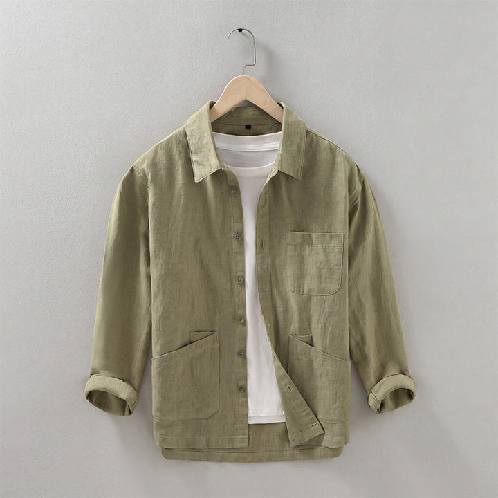 Buddha Stones Fall Casual Minimalist Button-Up Solid Ramie Men's Jacket With Pockets - DarkKhaki - US/UK/AU42，EU52 (3XL) - image 19