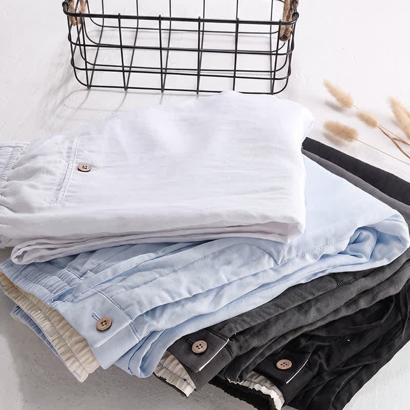 Buddha Stones Spring Summer Casual Drawstring Zipper Design Solid Linen Long Pants Men's Straight Leg Pants With Pockets - image 22