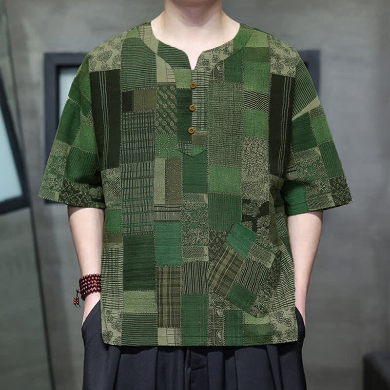 Buddha Stones Summer Casual Boho Patchwork Plaid Design Men's Short Sleeve Shirts With Patch Pocket - image 5