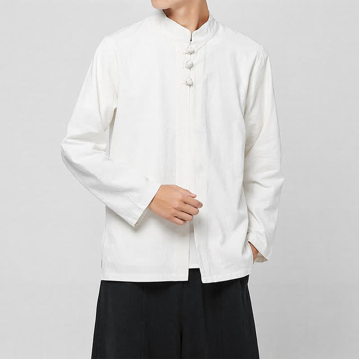 Buddha Stones Spring Fall Tang Style Minimalist Mandarin Collar Frog Button Solid Men's Long Sleeve Shirts - image 14