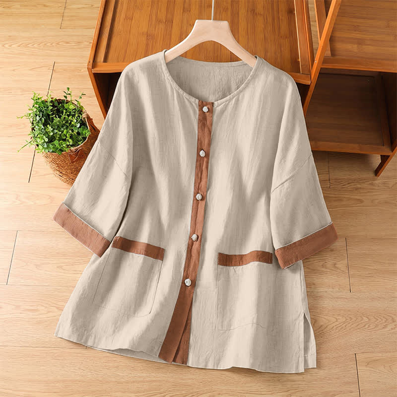 Buddha Stones Summer Casual Patch Pocket Button-Up Solid Women's Short Sleeve Shirts With Pocket - Linen - US8-10, UK/AU12-14, EU40-42 (2XL) - image 0