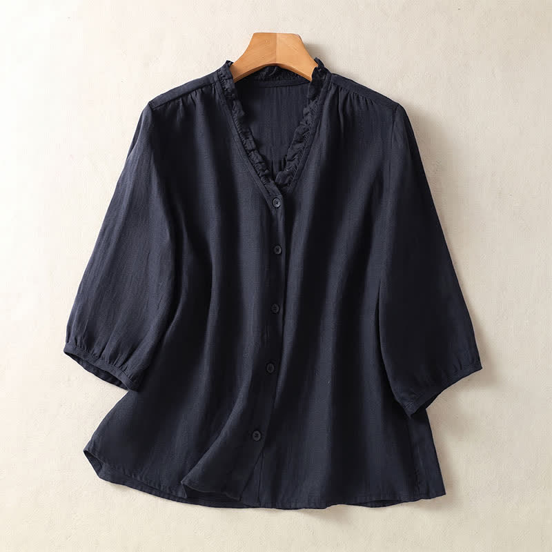 Buddha Stones Spring Summer Casual Button-Up Solid Women's Short Sleeve Shirts - Navy - US8-10, UK/AU12-14, EU40-42 (2XL) - image 20