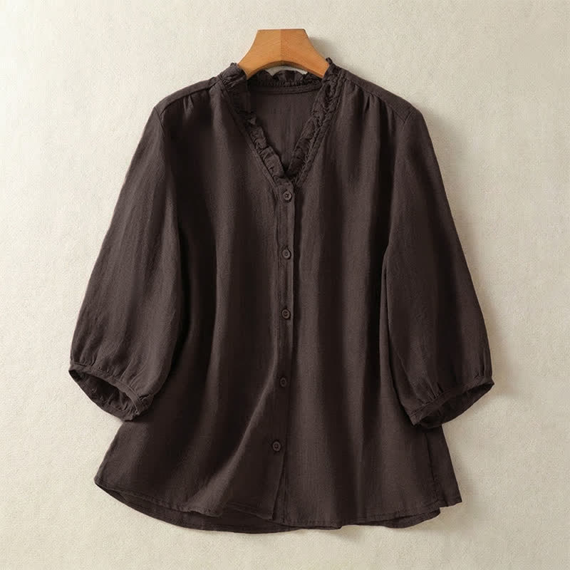 Buddha Stones Spring Summer Casual Button-Up Solid Women's Short Sleeve Shirts - SaddleBrown - US8-10, UK/AU12-14, EU40-42 (2XL) - image 0