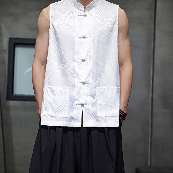 Buddha Stones Summer Tang Style Mandarin Collar Frog Button Abstract Ocean Waves Tank Top Men's Sleeveless Shirts With Pocket - White - US/UK/AU46, EU56 (5XL) - image 16