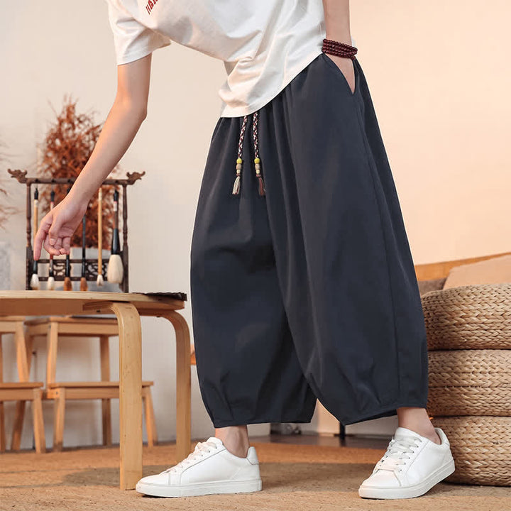 Buddha Stones Spring Summer Casual Minimalist Drawstring Solid Capri Pants Men's Harem Pants With Pocket - image 37