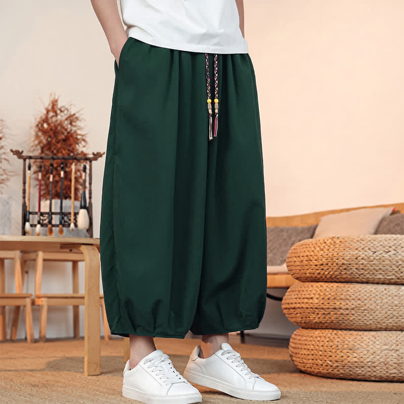 Buddha Stones Spring Summer Casual Minimalist Drawstring Solid Capri Pants Men's Harem Pants With Pocket - image 42