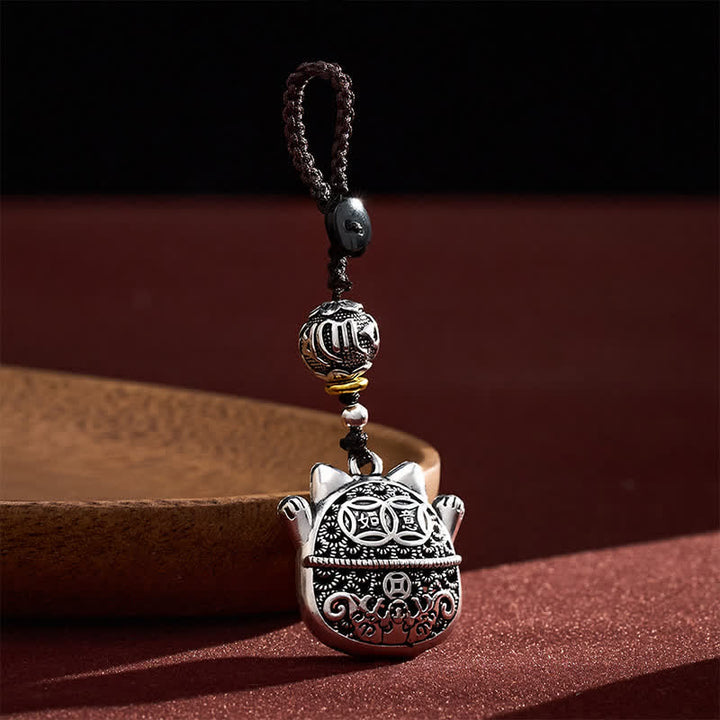 Buddha Stones Engraved Copper Fu Character Lucky Cat Braided Balance Keychains - image 2