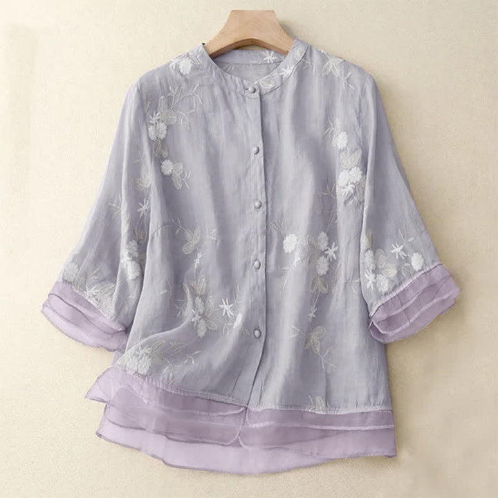 Buddha Stones Casual Embroidered Petals Spliced Women's Crew Neck Design Half Sleeve Shirt - Lavender - US8-10，UK/AU12-14，EU40-42 (2XL) - image 0
