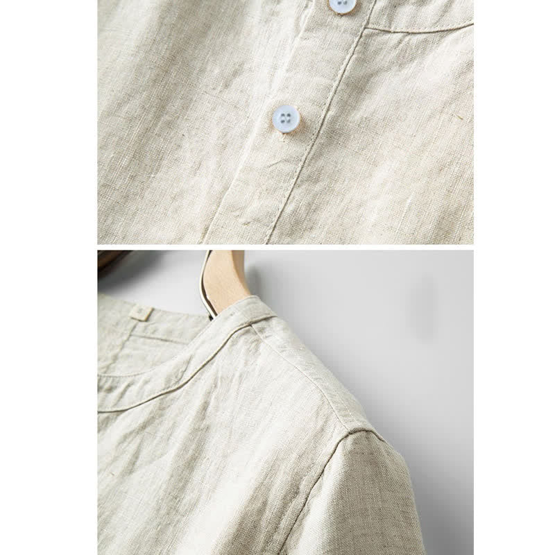 Buddha Stones Summer Men's Solid Color Button Short Sleeve Cotton Linen Shirt - image 2