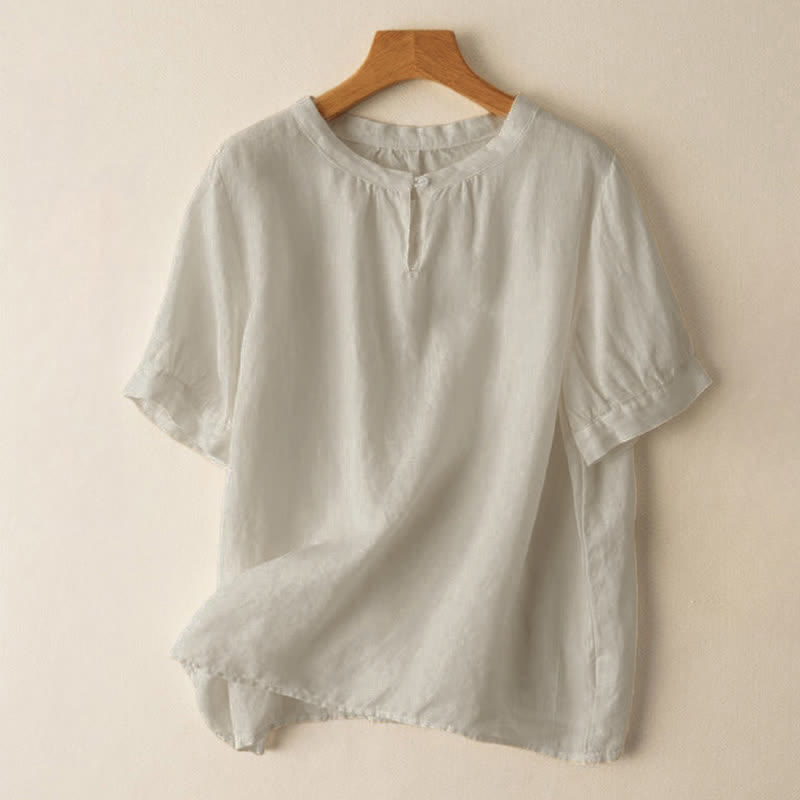 Buddha Stones Casual Women's Plain Crew Neck Button Design Half Sleeve Linen Shirt - Beige - US8-10，UK/AU12-14，EU40-42 (2XL) - image 0