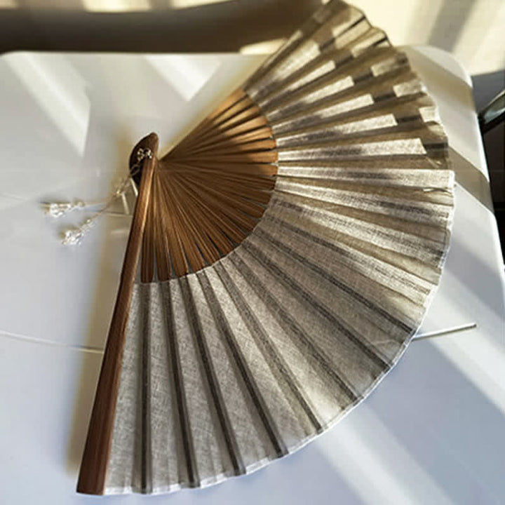 Buddha Stones Solid Color Rustic Elegance Cotton Linen Bamboo Folding Fan 22 cm - image 9