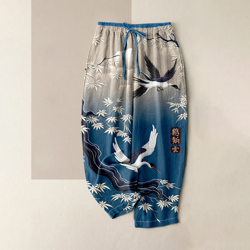 Buddha Stones Pure Cotton Elegant Crane Bamboo Pattern Women's Elastic Waist Pants With Pockets - SteelBlue - US16，UK/AU20，EU48 (3XL) - image 0