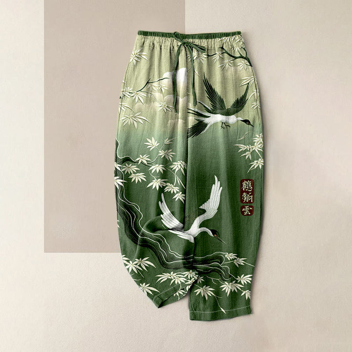 Buddha Stones Pure Cotton Elegant Crane Bamboo Pattern Women's Elastic Waist Pants With Pockets - Green - US16，UK/AU20，EU48 (3XL) - image 4