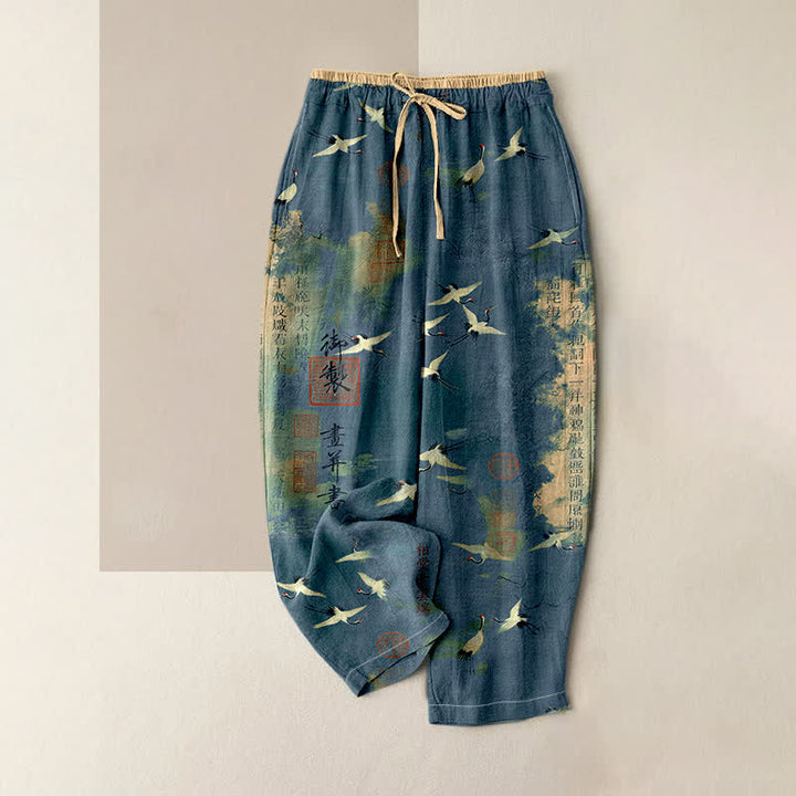 Buddha Stones Pure Cotton Vintage Crane Calligraphy Pattern Women's Elastic Waist Pants With Pockets - SteelBlue - US16，UK/AU20，EU48 (3XL) - image 4