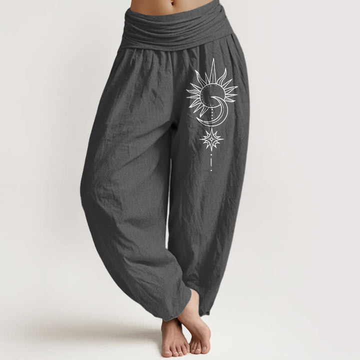 Buddha Stones Pure Cotton Sun Moon Stars Pattern Women's Elastic Waist Harem Pants - DimGray - US16，UK/AU20，EU48 (3XL) - image 8