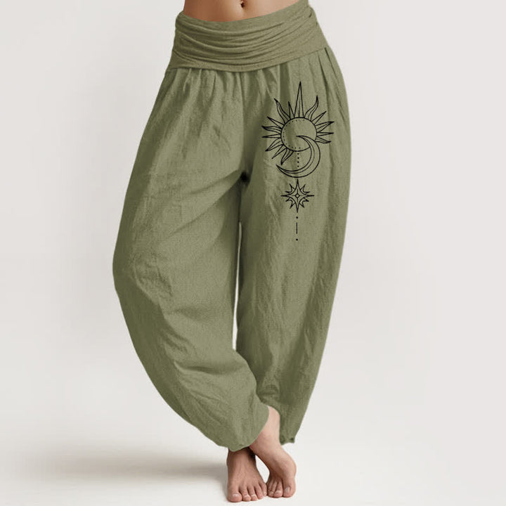 Buddha Stones Pure Cotton Sun Moon Stars Pattern Women's Elastic Waist Harem Pants - OliveDrab - US16，UK/AU20，EU48 (3XL) - image 14