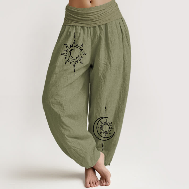 Buddha Stones Pure Cotton Moon Sun Pattern Women's Elastic Waist Harem Pants - OliveDrab - US16，UK/AU20，EU48 (3XL) - image 14