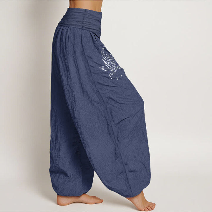 Buddha Stones Pure Cotton Lotus Moon Pattern Women's Elastic Waist Harem Pants - image 1