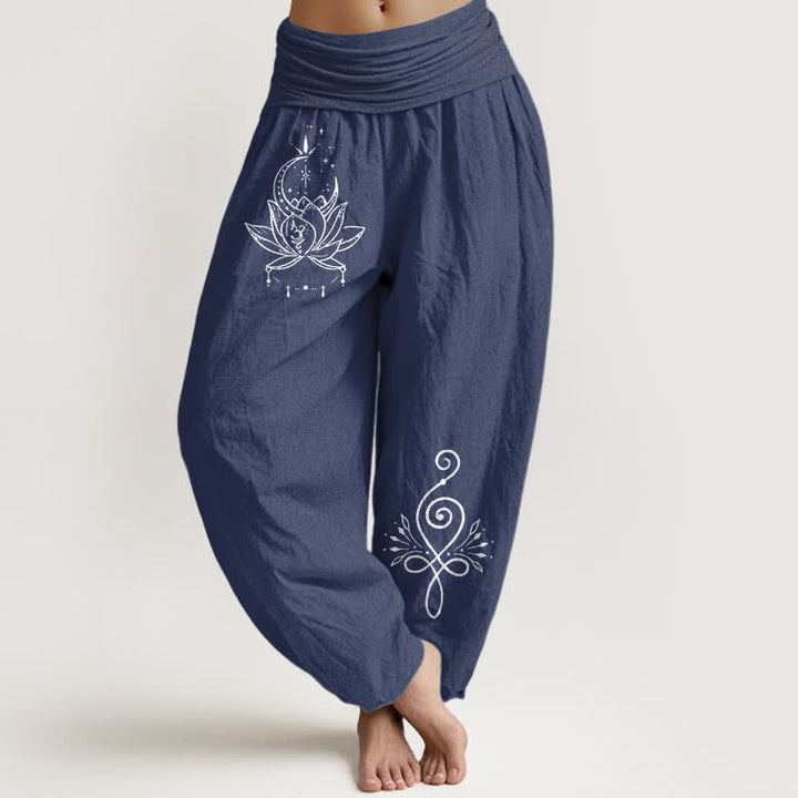 Buddha Stones Pure Cotton Lotus Moon Pattern Women's Elastic Waist Harem Pants - DarkSlateBlue - US16，UK/AU20，EU48 (3XL) - image 0
