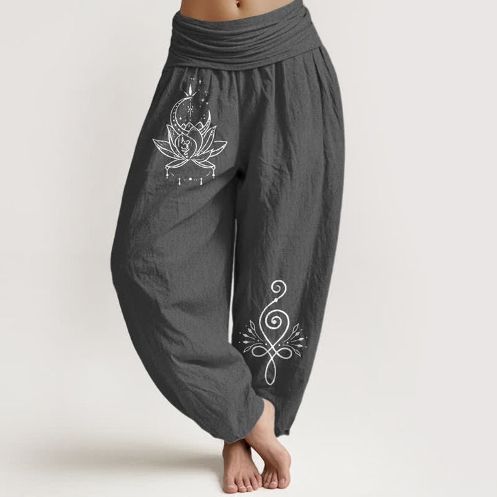 Buddha Stones Pure Cotton Lotus Moon Pattern Women's Elastic Waist Harem Pants - DimGray - US16，UK/AU20，EU48 (3XL) - image 8