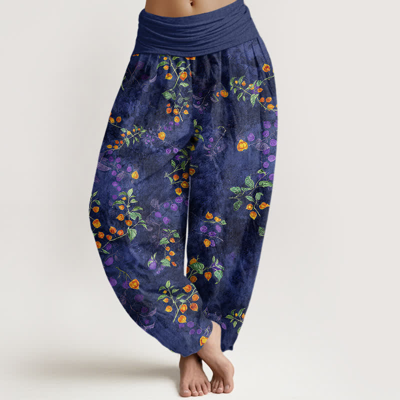 Buddha Stones Cotton Orange Blossom Vine Pattern Women's Elastic Waist Harem Pants - Navy - US16，UK/AU20，EU48 (3XL) - image 0