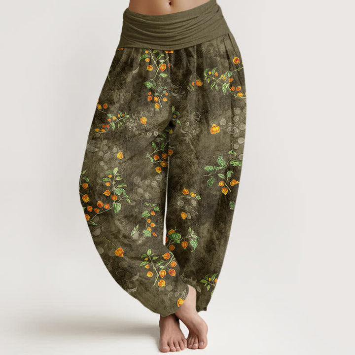 Buddha Stones Cotton Orange Blossom Vine Pattern Women's Elastic Waist Harem Pants - DarkOliveGreen - US16，UK/AU20，EU48 (3XL) - image 5